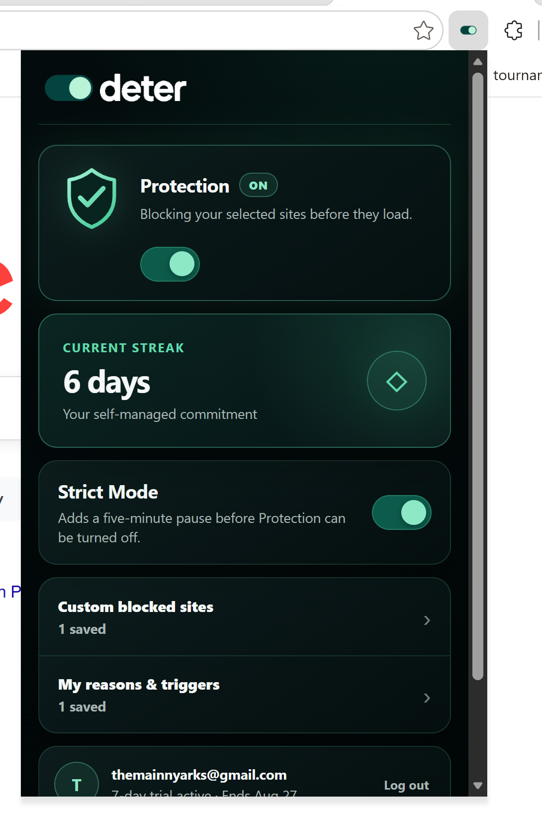 Deter browser extension showing Protection on, a six-day streak, Strict Mode, saved sites, and account status